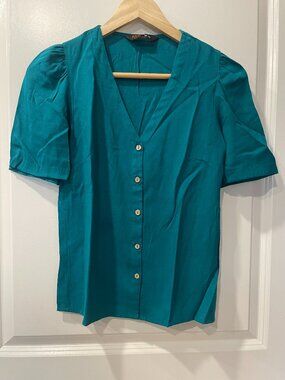 V Necked Blouse With Puff Sleeves - Teal, XS